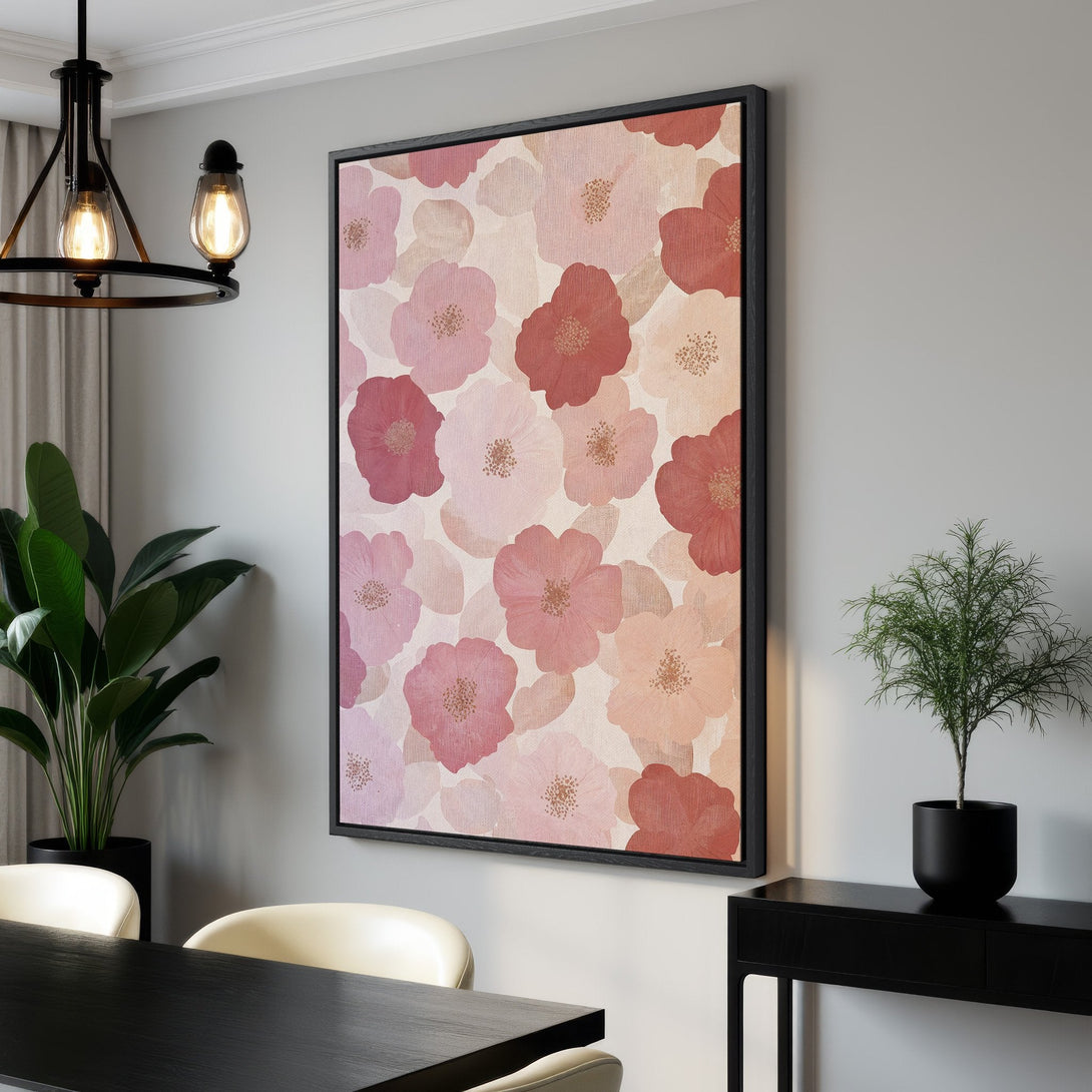 Framed Wall Art featuring a floral pattern in a soft, watercolor style. The Canvas Print showcases a warm, pink and peach color palette, perfect for adding a touch of elegance.