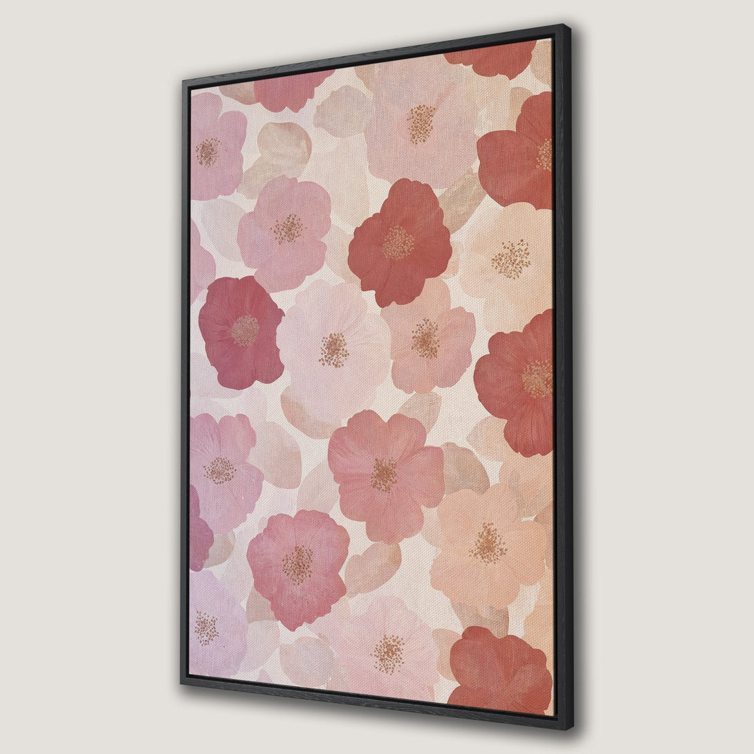 Framed Wall Art featuring a floral pattern in a soft, watercolor style. The Canvas Print showcases a warm, muted palette of pinks, reds, and peaches.