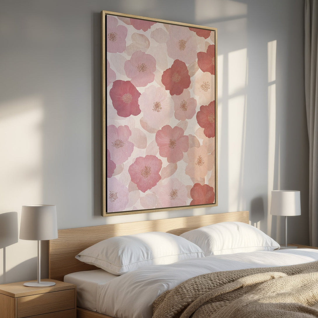 Framed Wall Art featuring a floral pattern with a pink and peach color palette, perfect for adding a touch of elegance to any bedroom.