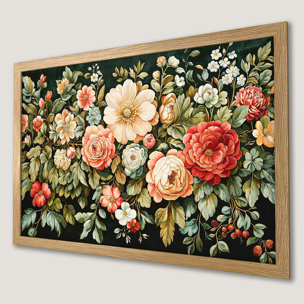 Framed Poster featuring a vibrant floral arrangement in watercolor style with a dark green background and a warm color palette.