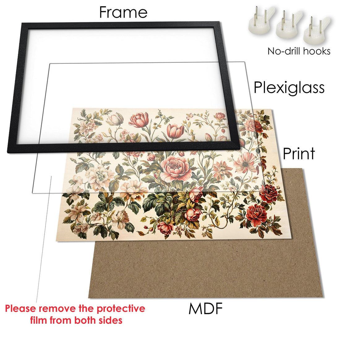 Framed Poster featuring a vintage floral design in a warm, neutral color palette. Add elegance to your space with this beautiful print!