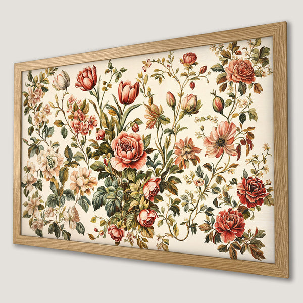 Framed Poster featuring a vintage floral design with red, pink, and green blooms. Perfect wall art for a touch of elegance!