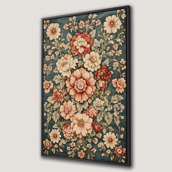 Framed Wall Art featuring a vintage floral design. Romantic style with a dark teal background and warm, earthy tones. Perfect for adding elegance to any space.
