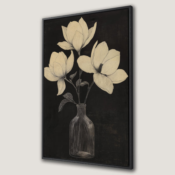 Framed Wall Art featuring elegant magnolia flowers in a vase. Neutral beige and black color palette, perfect for modern home decor. Canvas Print ready to hang.