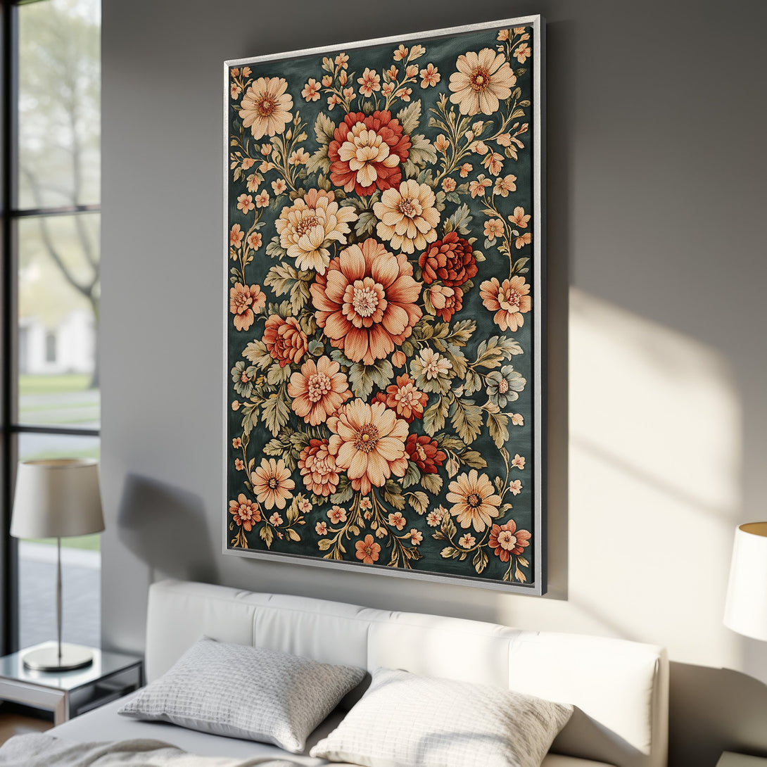 Framed Wall Art featuring a vintage floral design in a rich teal, coral, and cream color palette. Perfect for adding a touch of elegance to your bedroom decor.
