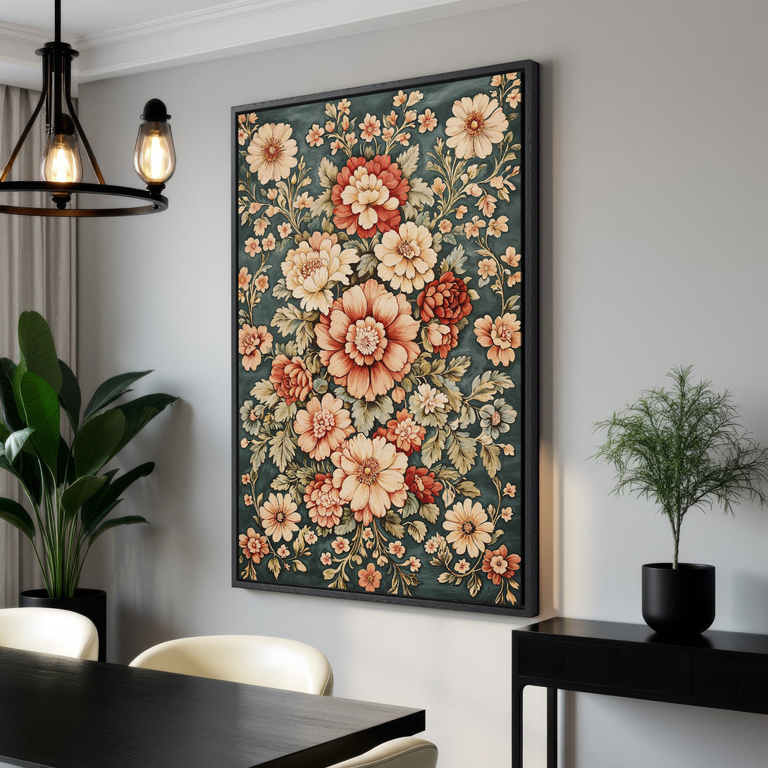 Framed Wall Art: Floral Canvas Print in a dining room. Features a vintage style with a dark green and peach color palette. Elevate your home decor!