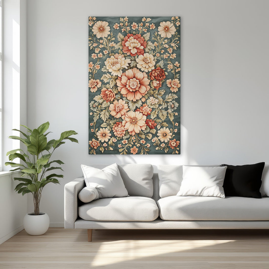 Framed Wall Art: Elegant floral Canvas Print in a bedroom. Features a vintage style with a teal background and coral and cream flowers. Perfect home decor.