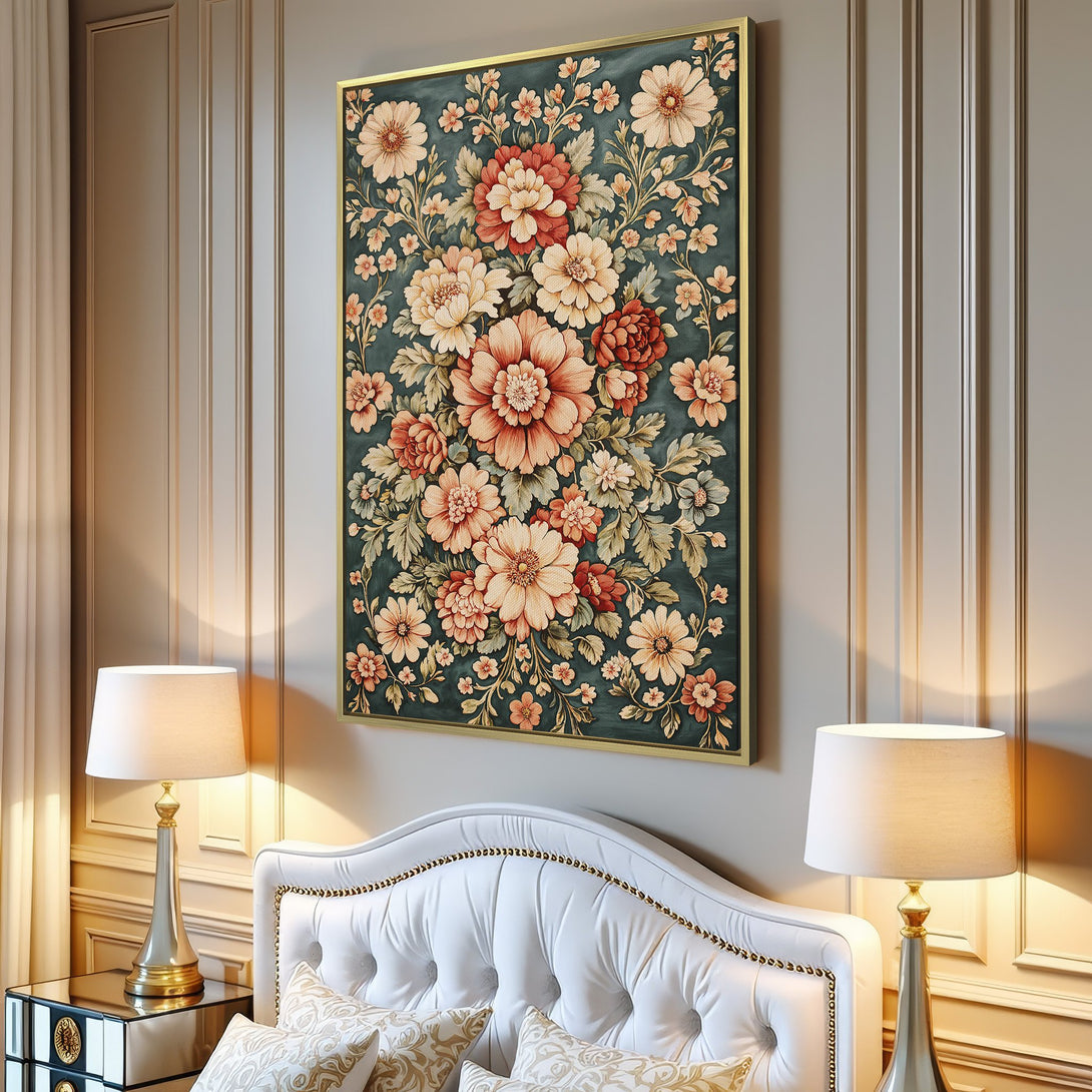 Canvas Print featuring a floral design in a vintage style with a teal and peach color palette, perfect for adding a touch of elegance.