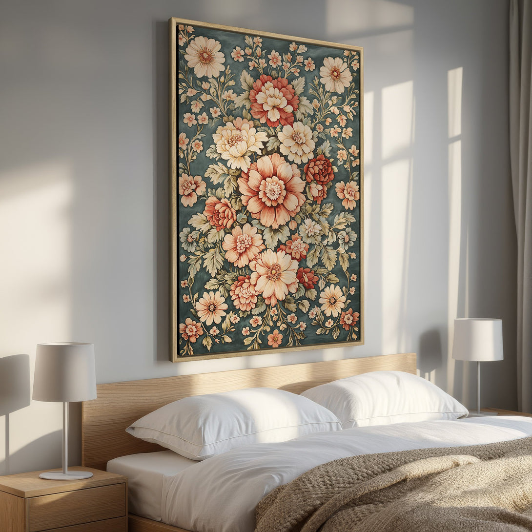 Framed Wall Art: Floral print in a bedroom. Vintage style with a teal and peach color palette. Perfect for adding elegance to your space.