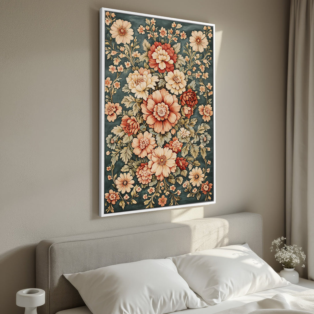 Framed Wall Art: Vintage floral canvas print in a bedroom. Features a dark teal background with peach and cream flowers. Perfect for adding elegance to your space.