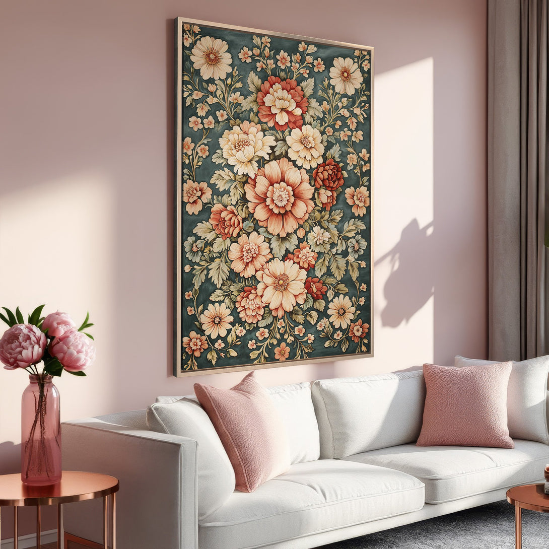 Framed Wall Art: Floral canvas print in a vintage style featuring a teal and peach color palette, perfect for adding elegance to your living room.