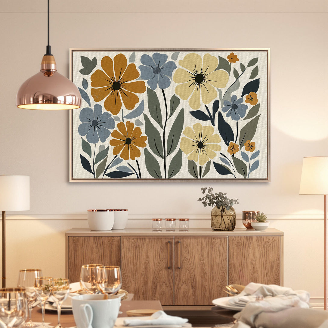 Framed Wall Art featuring a floral design in a modern style with a warm color palette of mustard yellow, blue, and green. Perfect for home decor!