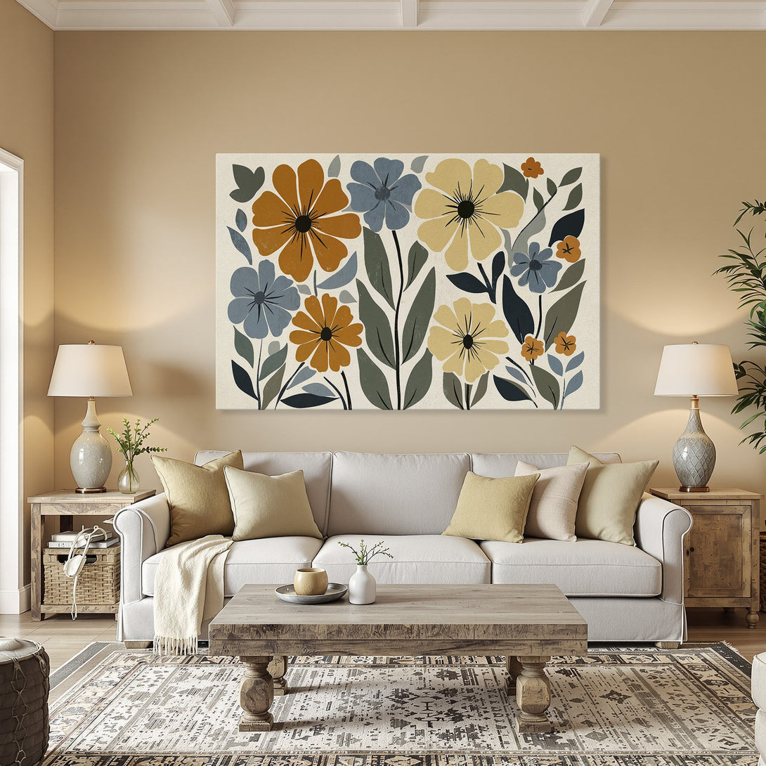 Framed Wall Art: Floral Canvas Print in warm tones. Modern botanical art with orange, blue, and yellow flowers. Perfect for dining room decor.