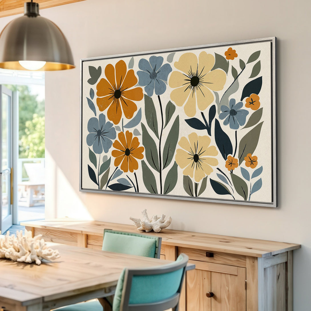 Framed Wall Art: Modern floral Canvas Print in warm tones. Featuring orange, blue, and yellow flowers, adding a touch of nature to your home decor.