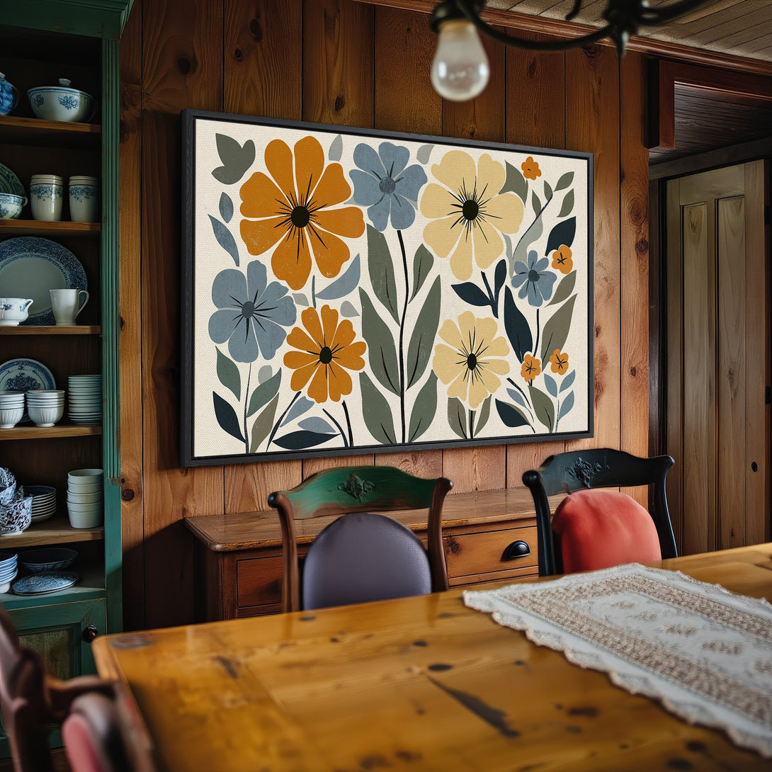 Framed Wall Art: Floral Canvas Print with a retro style, featuring orange, blue, and cream tones, perfect for adding a touch of nature to your home decor.