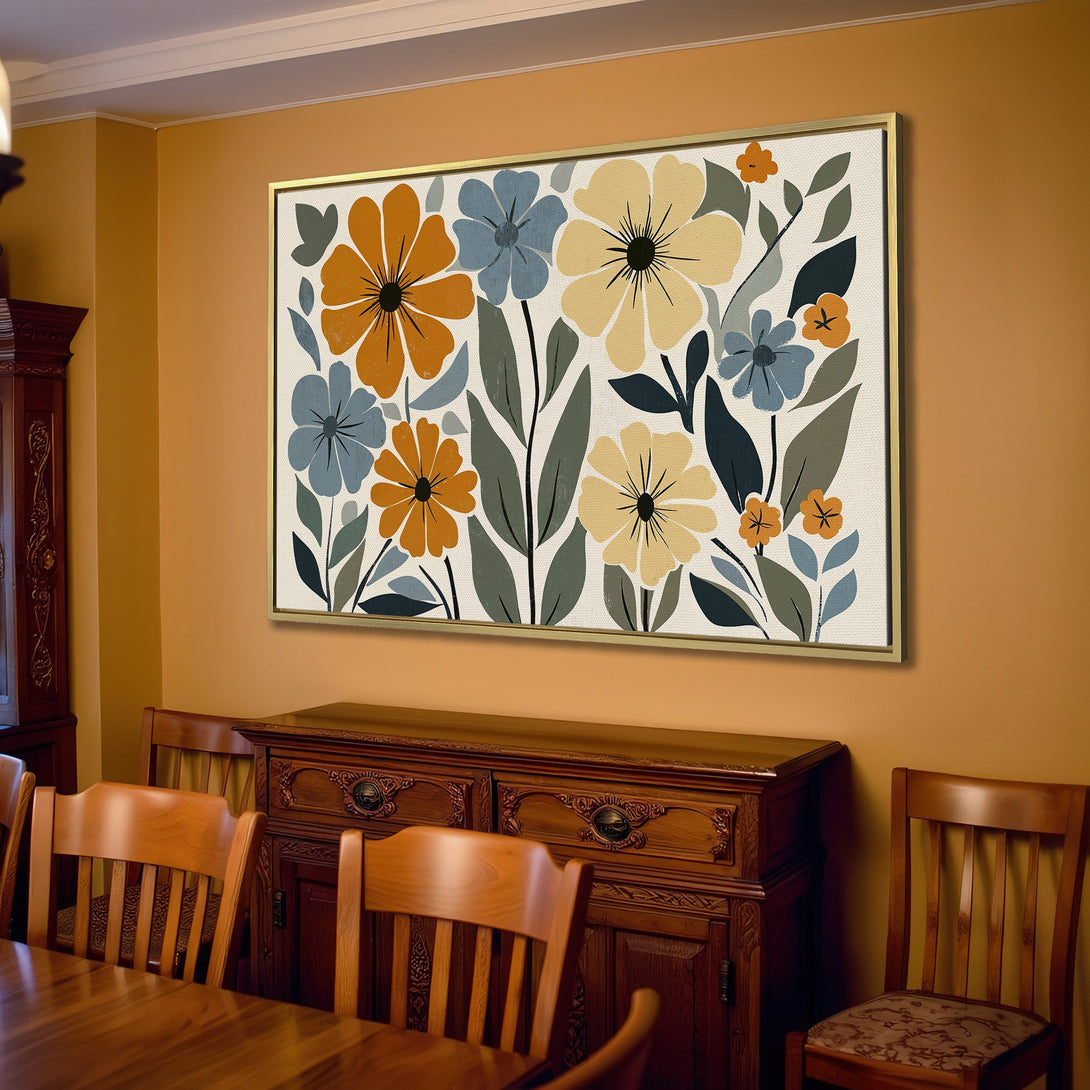 Canvas Print of floral artwork in warm tones. Modern botanical style with mustard, blue, and green hues. Perfect living room decor.