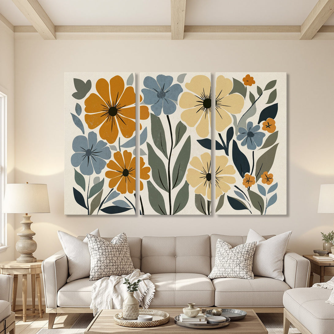 Canvas Print featuring abstract floral art in warm orange, blue, and green tones. Perfect for adding a touch of modern style to any living space.
