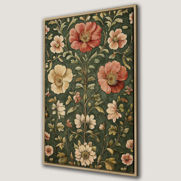 Framed Wall Art featuring a floral design in a vintage style. Rich green background with peach and yellow flowers. Perfect for adding elegance to your space.