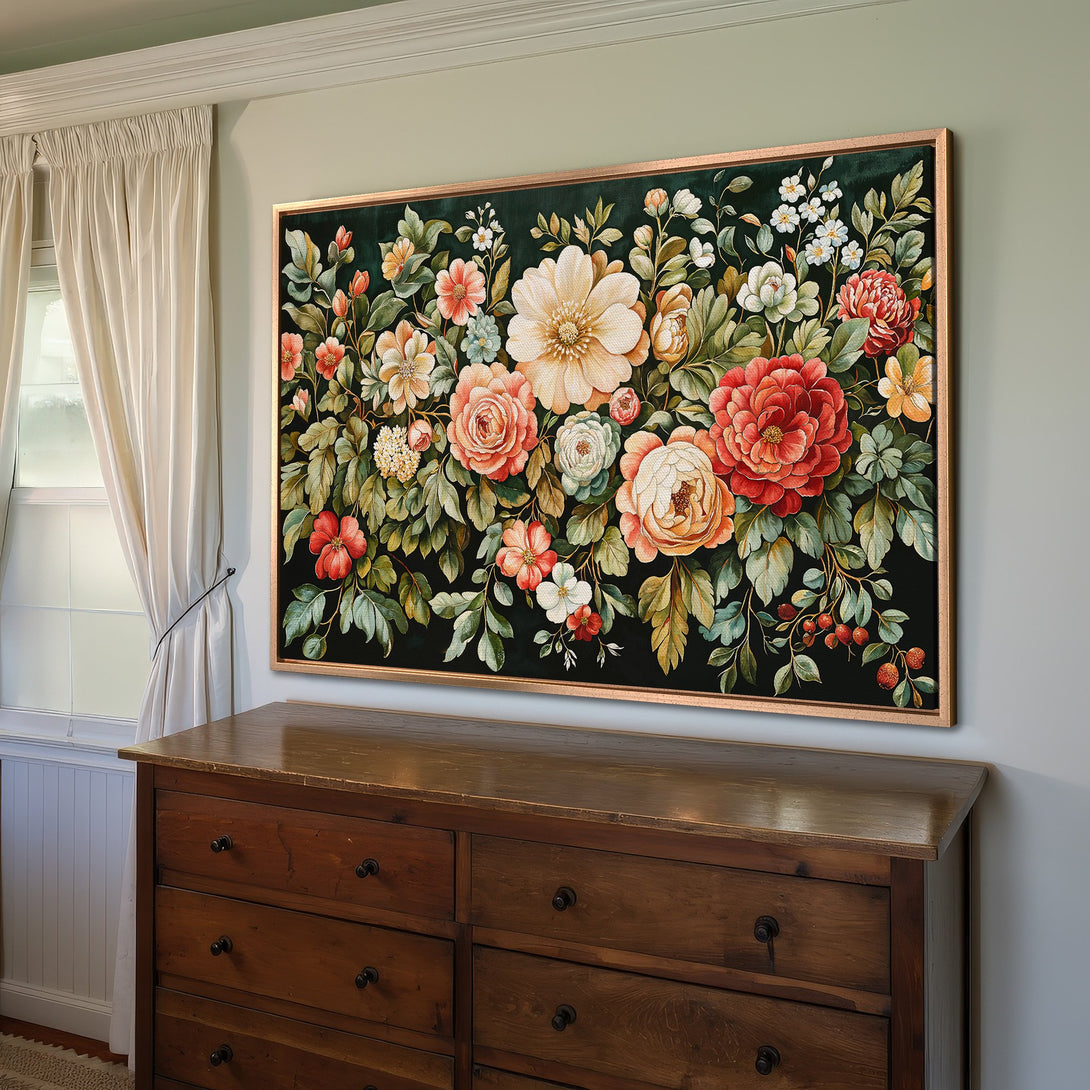 Framed Wall Art featuring a vibrant floral design with a dark background. Elegant botanical style, warm color palette of reds, oranges, and greens. Perfect home decor.