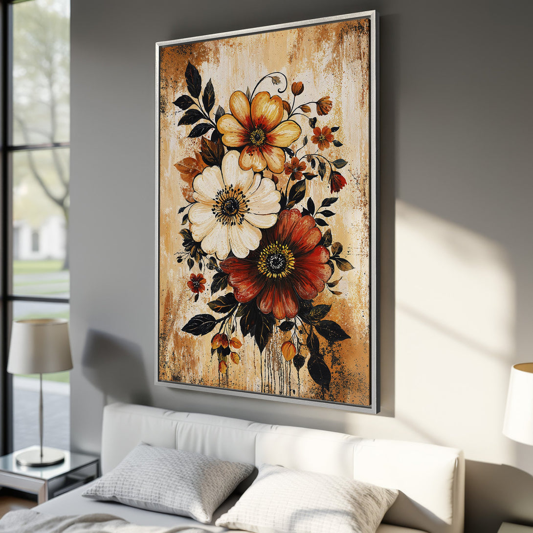 Framed Wall Art: Abstract floral Canvas Print in warm tones of orange, red, and brown. Perfect for adding artistic flair to any room.
