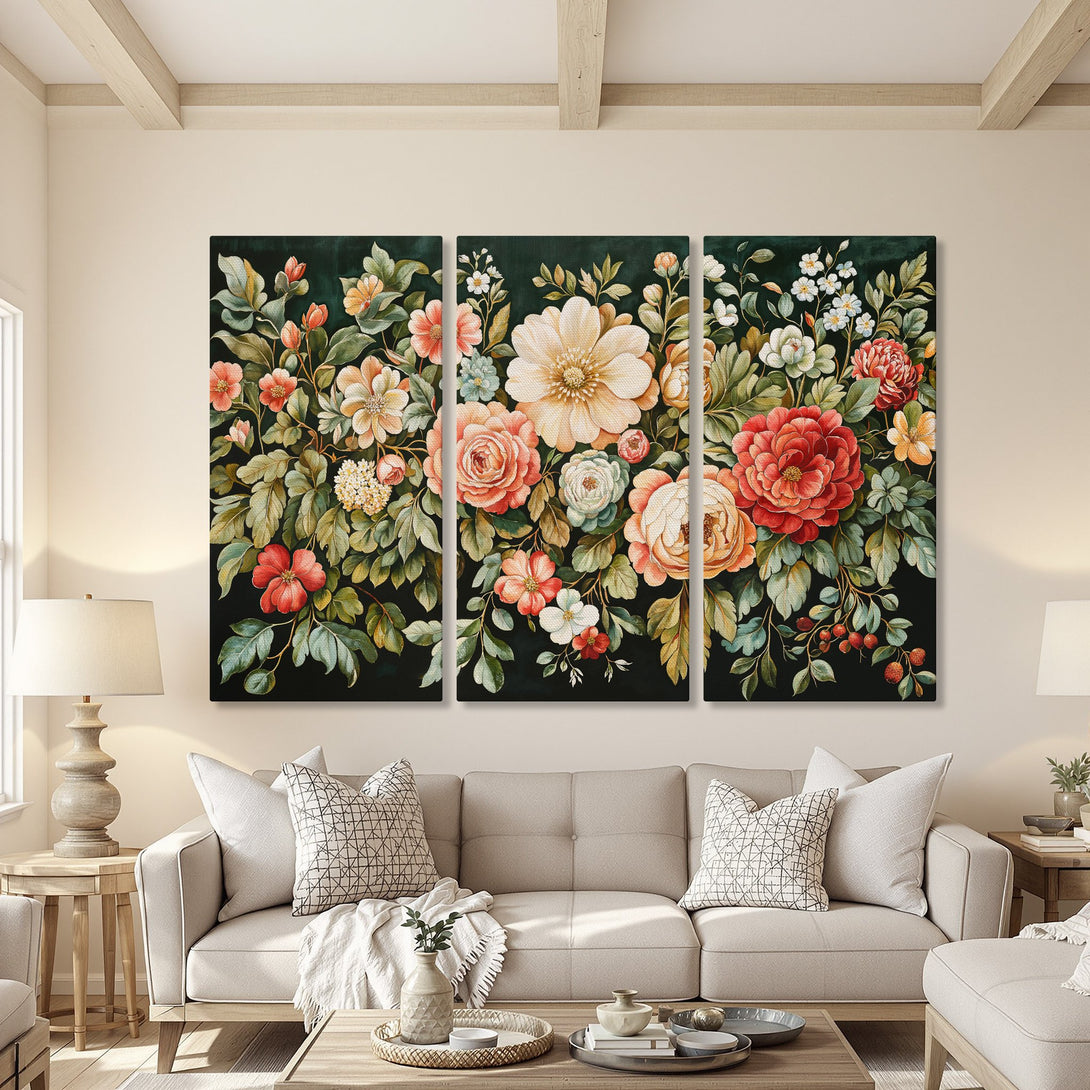 Canvas Print triptych featuring vibrant floral art in a botanical style. Warm color palette with coral, peach, and green tones. Perfect wall decor for any room.