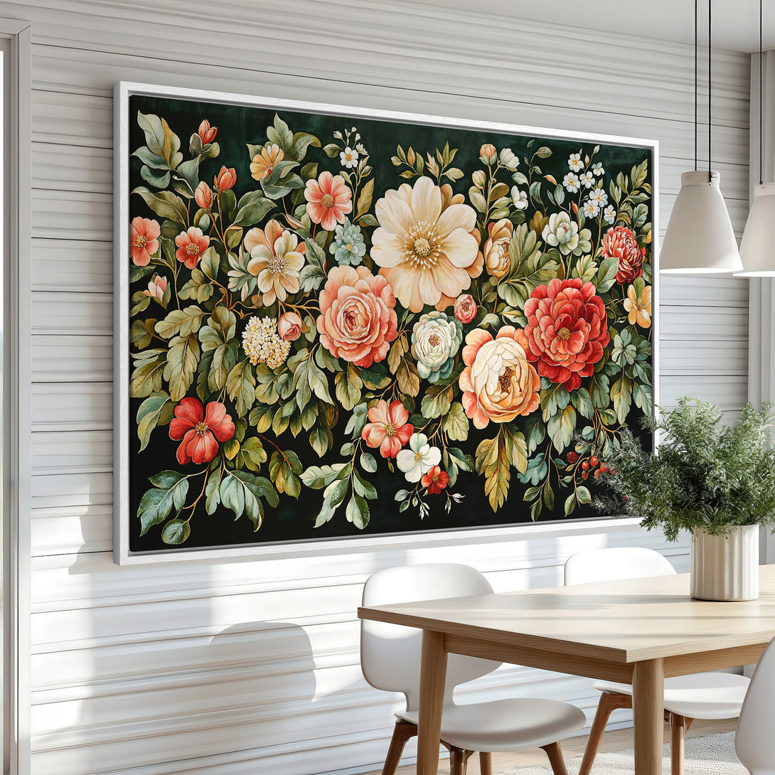 Framed Wall Art: Floral canvas print with a dark background, featuring vibrant red, peach, and green blooms. Perfect for adding a touch of elegance to any room.