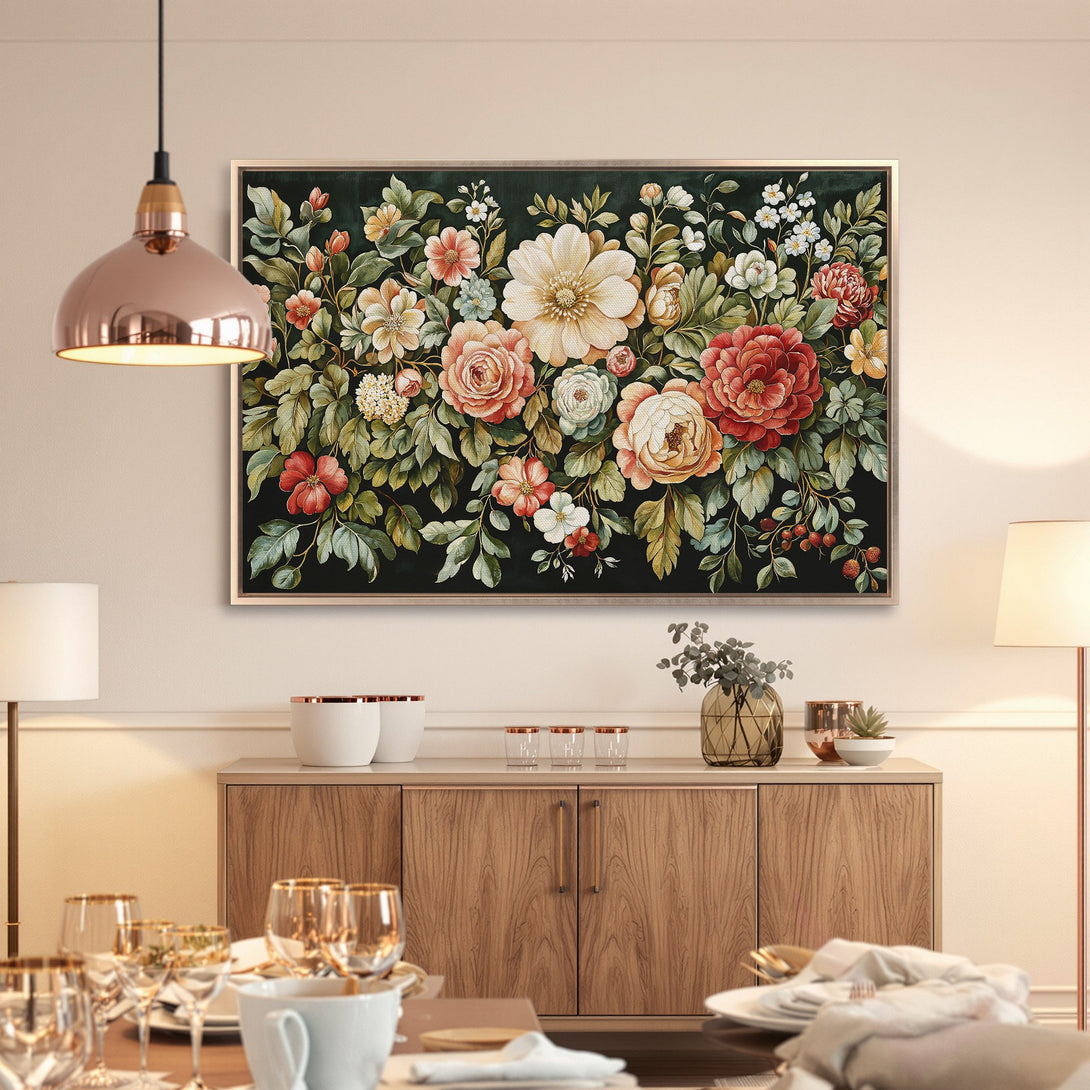 Framed Wall Art featuring a floral design in a vintage style, with a dark background and a warm color palette of reds, oranges, and greens.
