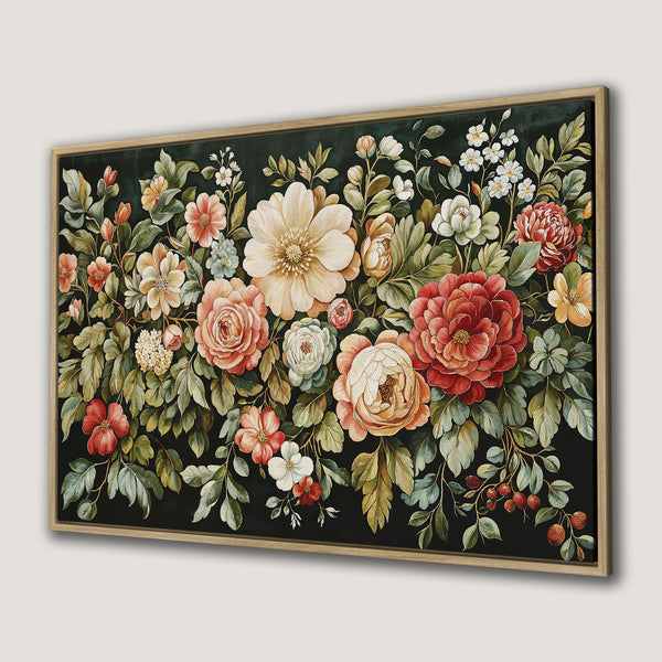 Framed Wall Art: Elegant floral Canvas Print with a dark, moody background. Features a watercolor style with warm, earthy tones and pops of red.