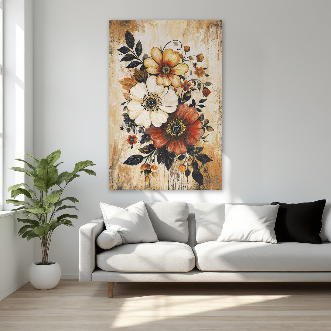 Framed Wall Art featuring a floral bouquet in warm tones. Enhance your space with this elegant canvas print, perfect for any room.