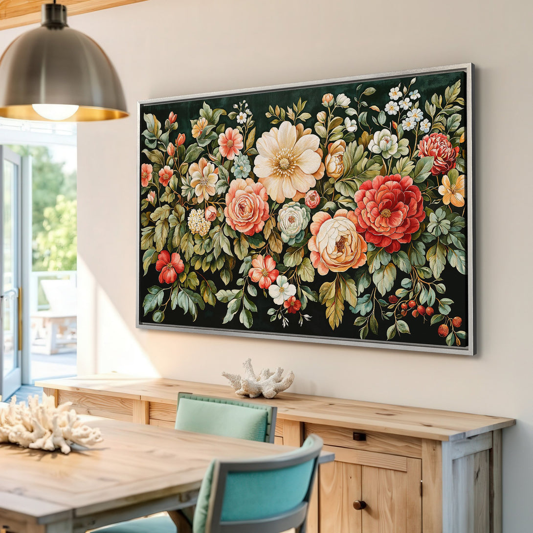 Framed Wall Art: Floral canvas print with a vintage botanical design. Features a dark green background and a warm, colorful palette of reds, oranges, and creams.