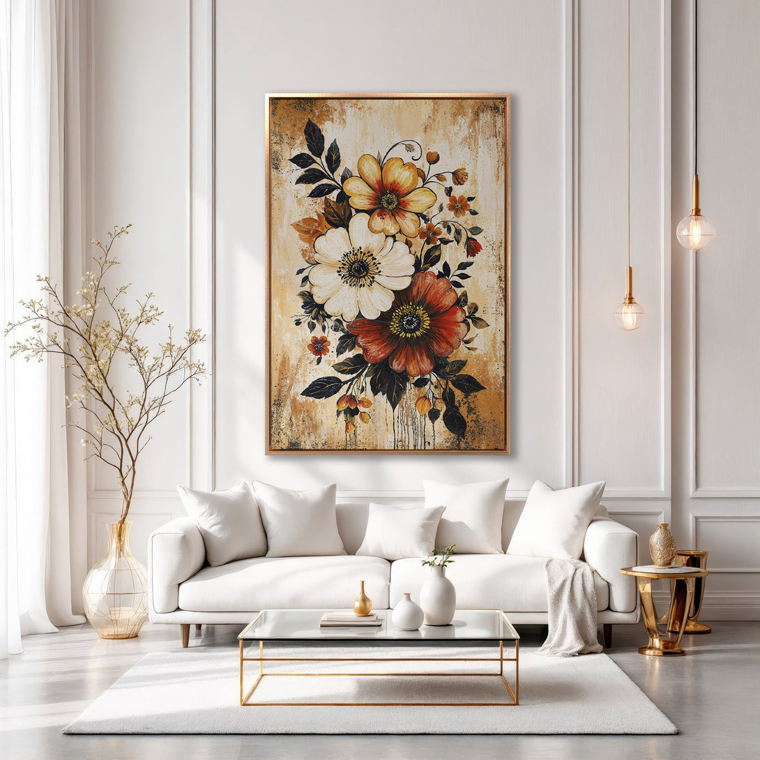Framed Wall Art: Elegant floral canvas print in warm tones of gold, orange, and red. Adds a touch of sophistication to any interior.