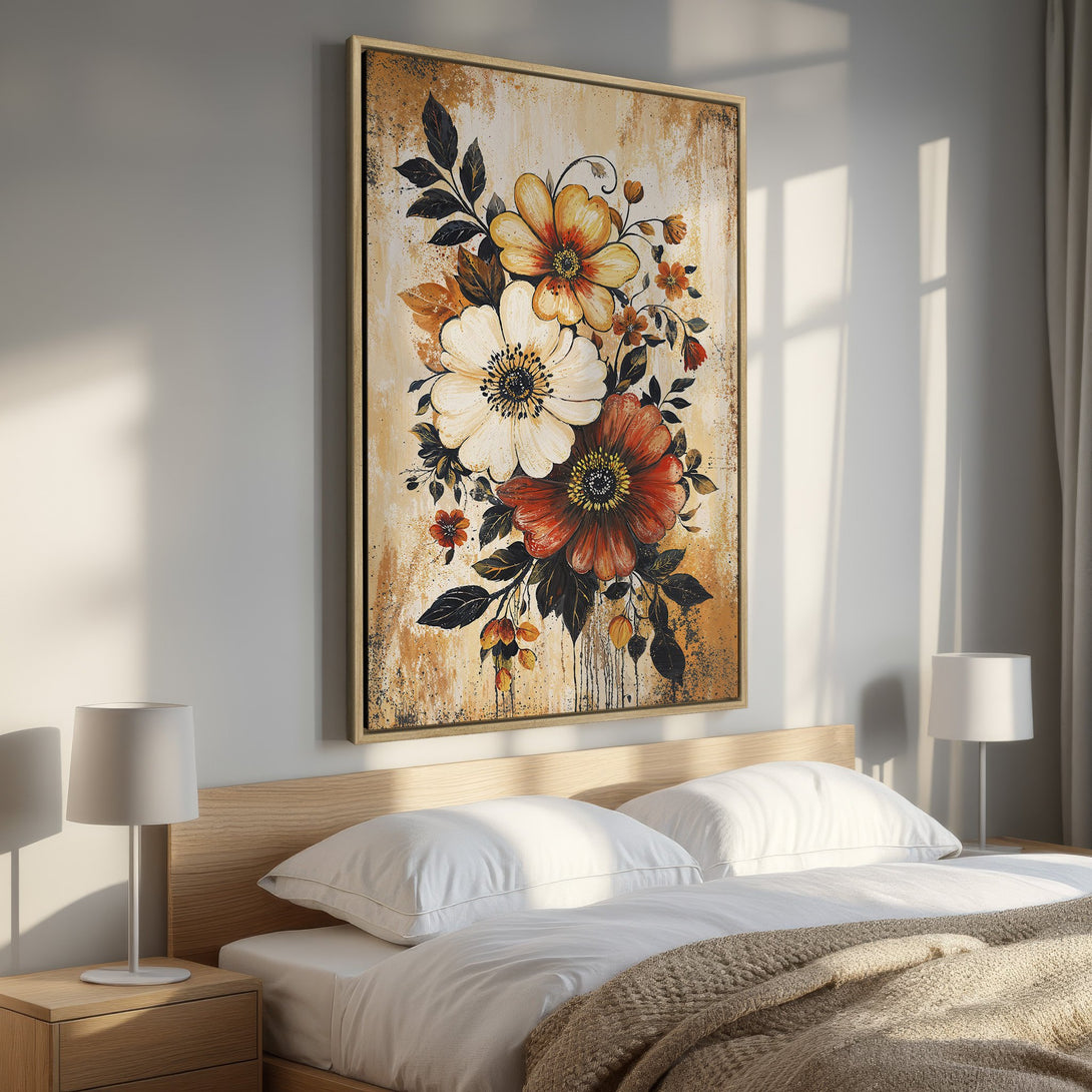 Framed Wall Art: Stunning floral canvas print in warm tones. Perfect for bedroom decor! Featuring a beautiful bouquet with a rustic, artistic style.