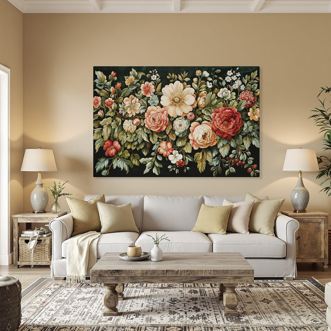 Framed Wall Art: Floral Canvas Print in a dining room. Features a vibrant botanical design with red, peach, and green hues. Perfect for adding elegance.
