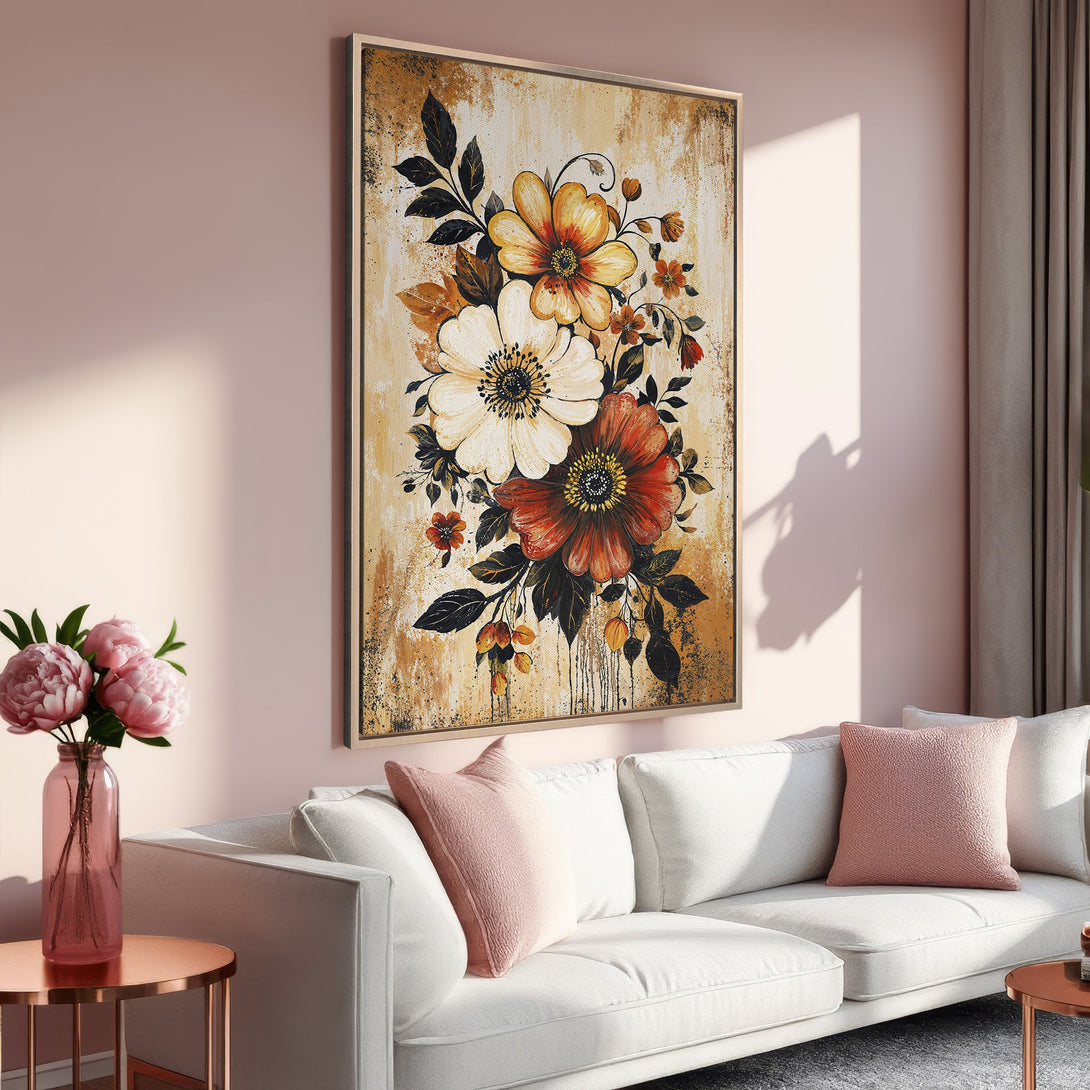 Framed Wall Art featuring a floral painting in warm tones. Adds a touch of elegance to any interior. Perfect for living rooms & bedrooms.