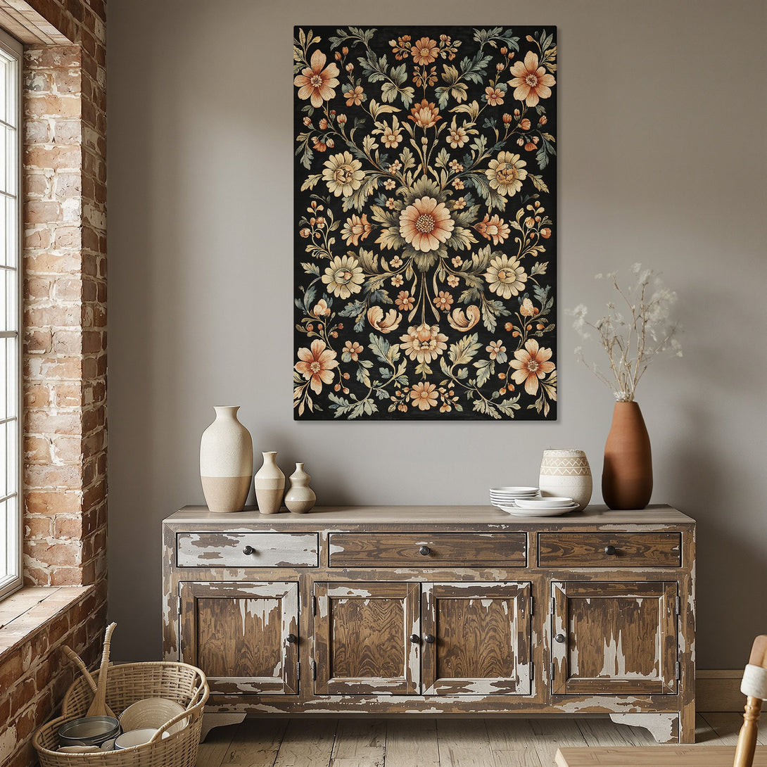 Framed Wall Art featuring a floral design in a vintage style. Warm peach and green tones pop against a black background. Perfect for adding elegance!