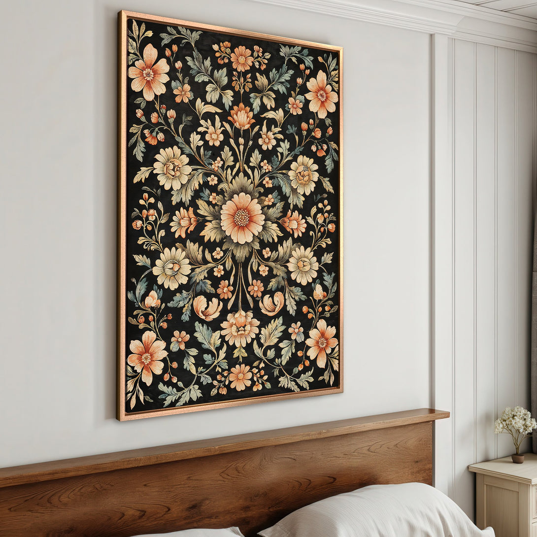 Framed Wall Art featuring a floral design in a vintage style. The color palette includes black, orange, and green, perfect for adding elegance to any space.