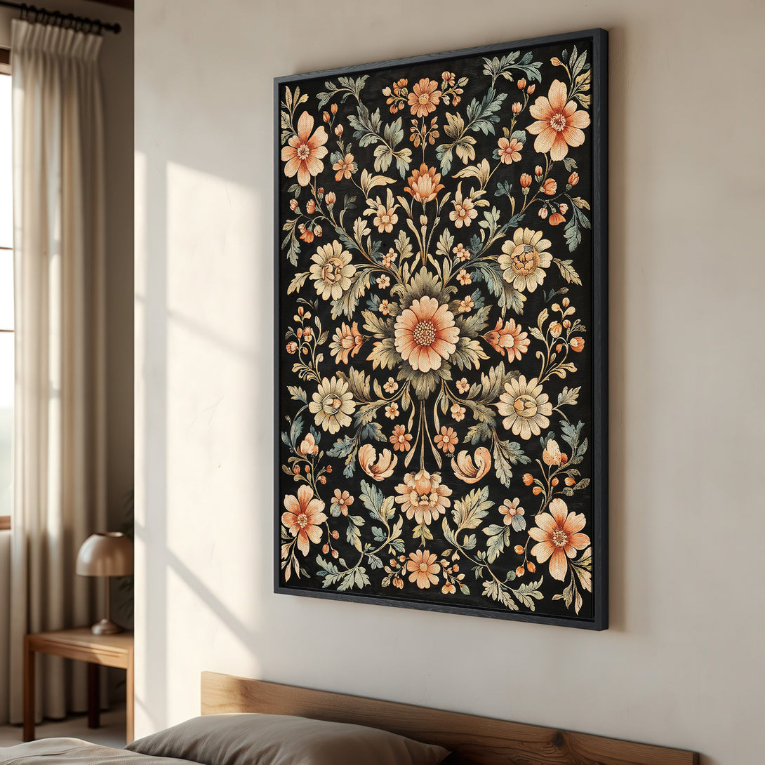 Framed Wall Art featuring a floral design in a vintage style. The color palette includes black, orange, and green, perfect for adding a touch of elegance to any space.