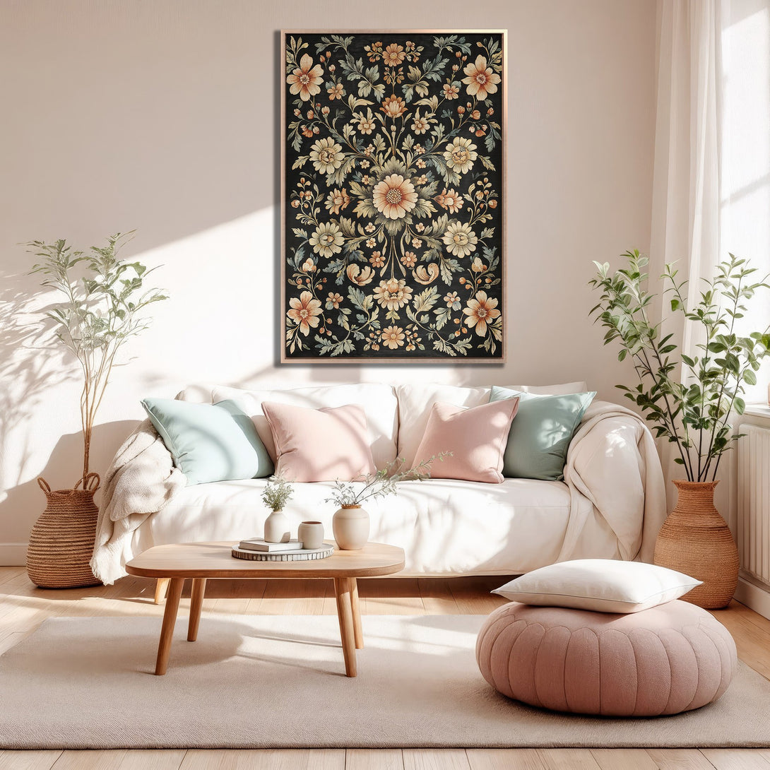 Framed Wall Art featuring a floral design in a vintage style with a warm, earthy color palette, perfect for living room decor.