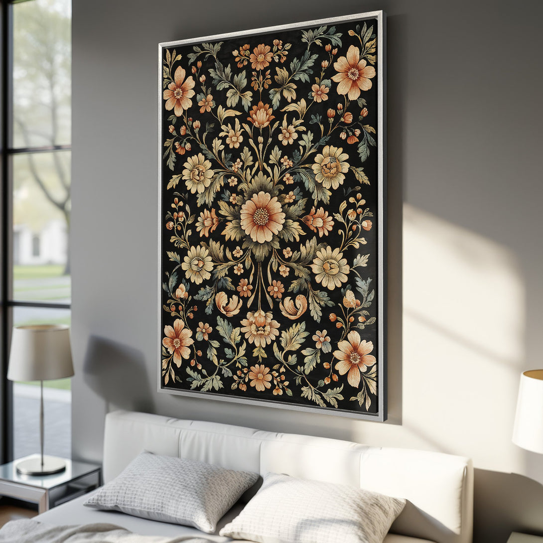 Framed Wall Art featuring a floral pattern in a vintage style. The Canvas Print showcases a black background with warm, earthy tones. Perfect for home decor.