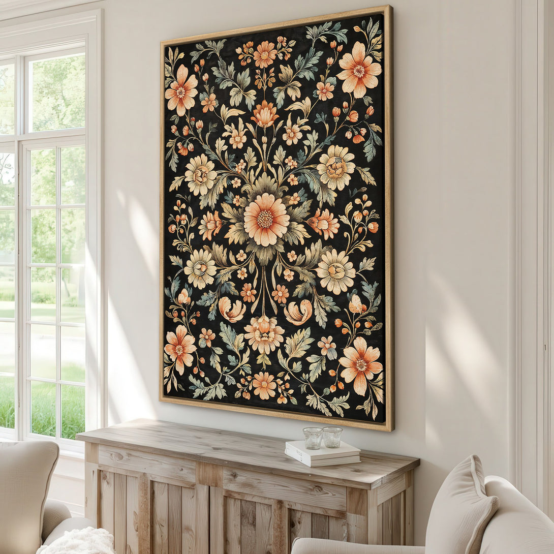 Framed Wall Art featuring a floral design with a black background. Warm, earthy tones of orange, gold, and green create a vintage, elegant aesthetic. Perfect for home decor!