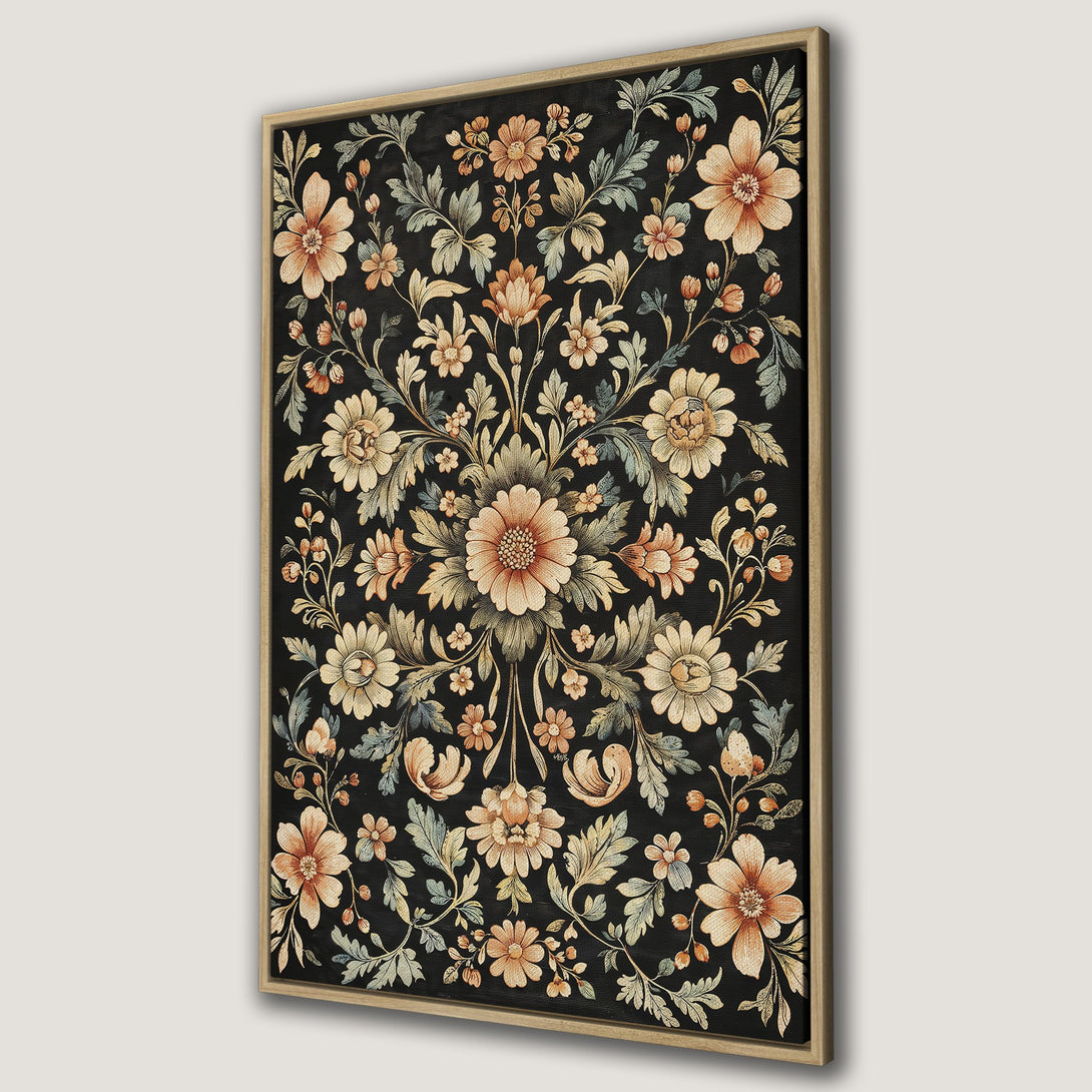Framed Wall Art featuring a vintage floral design in warm peach and muted green tones on a black background. Perfect for adding a touch of elegance.