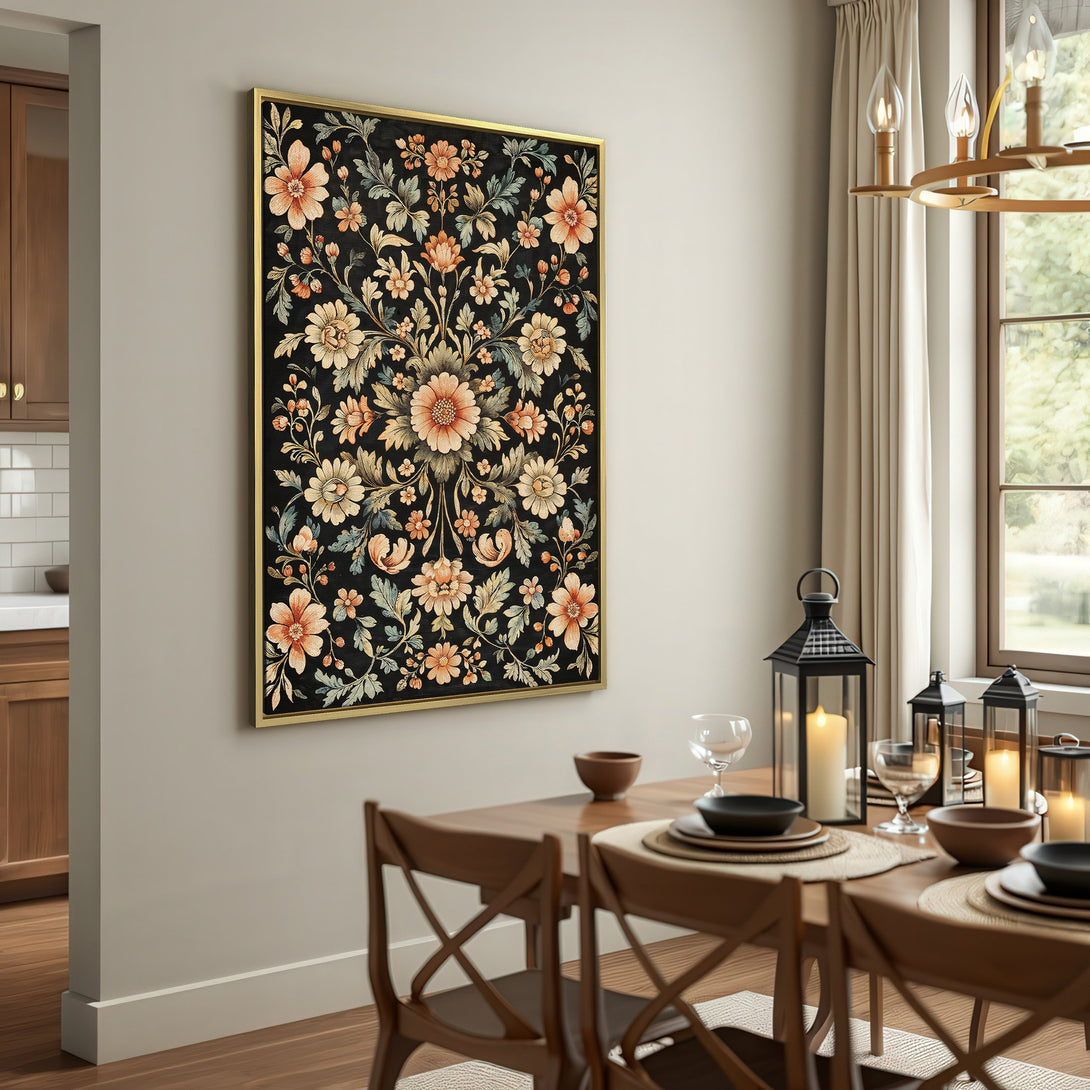 Canvas Print featuring a floral design in a vintage style with a dark background and warm, earthy tones. Perfect wall art!