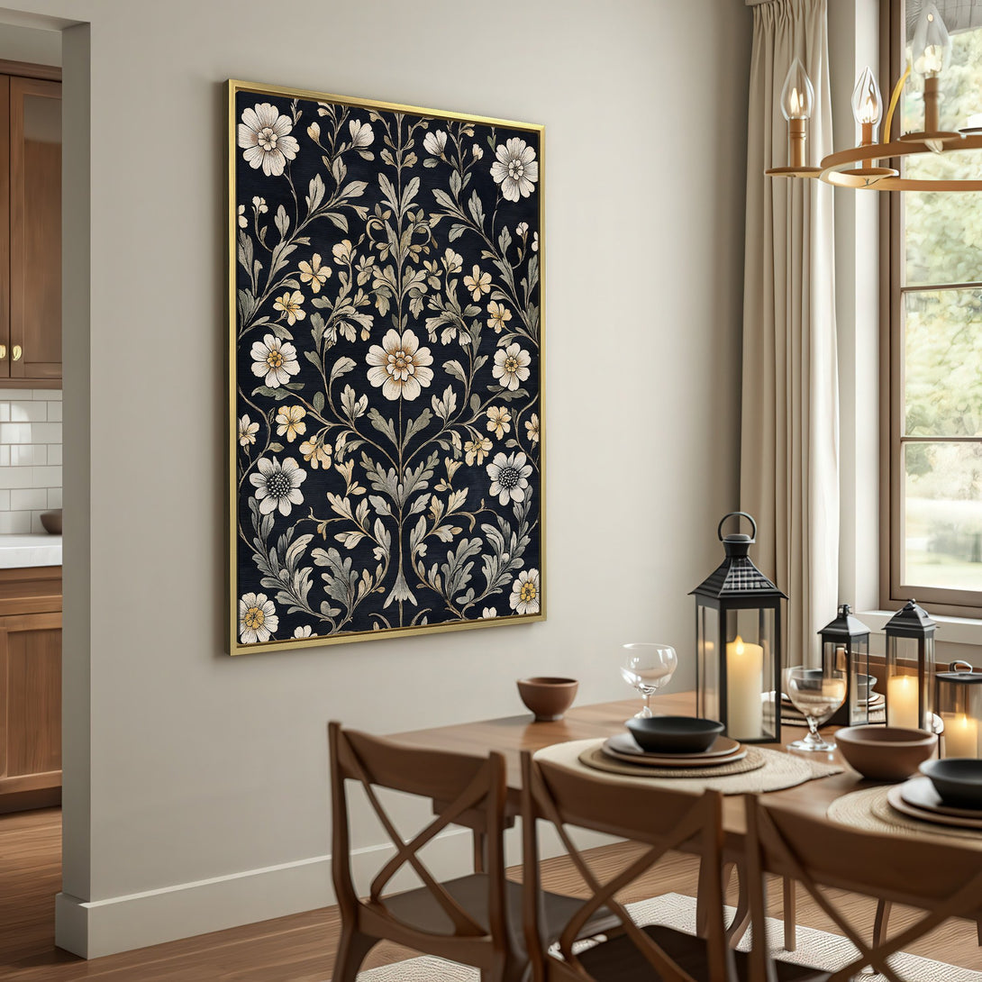 Canvas Print of floral pattern in a dark, moody color palette. Perfect for adding a touch of elegance and style to your home decor.