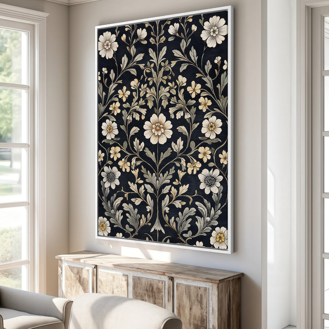 Framed Wall Art featuring a floral pattern in a dark blue and neutral palette. Elegant botanical design for home decor.