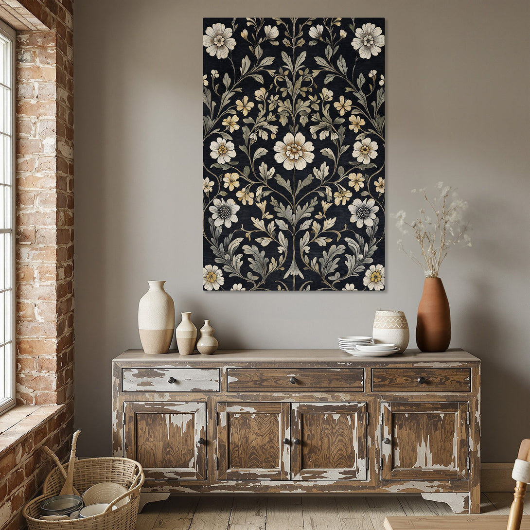 Framed Wall Art: Floral Canvas Print in a dining room. Dark blue background with white and yellow flowers. Elegant, timeless decor.