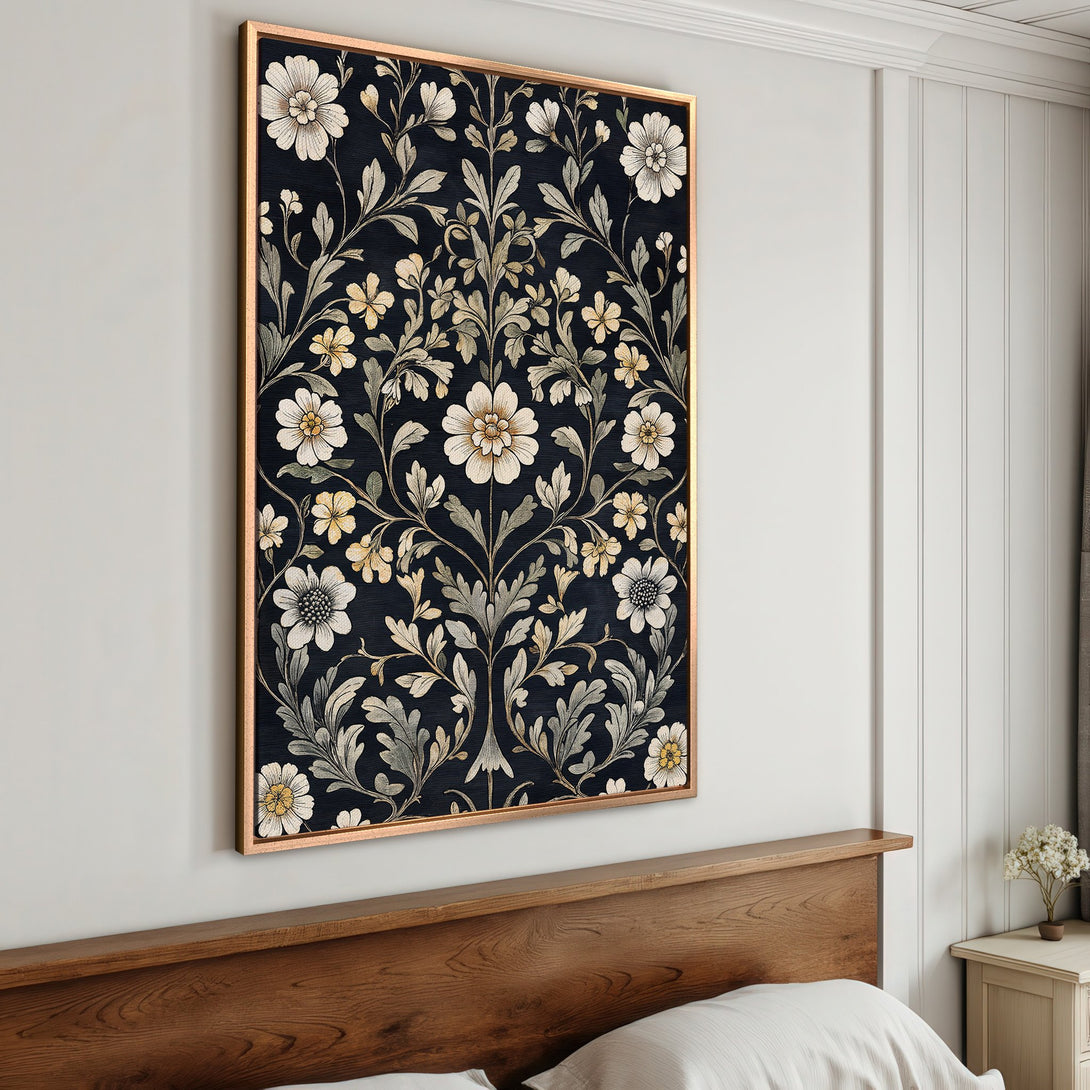 Framed Wall Art | Floral canvas print in a bedroom. Features a botanical pattern with white, yellow, and gray tones on a dark blue background.