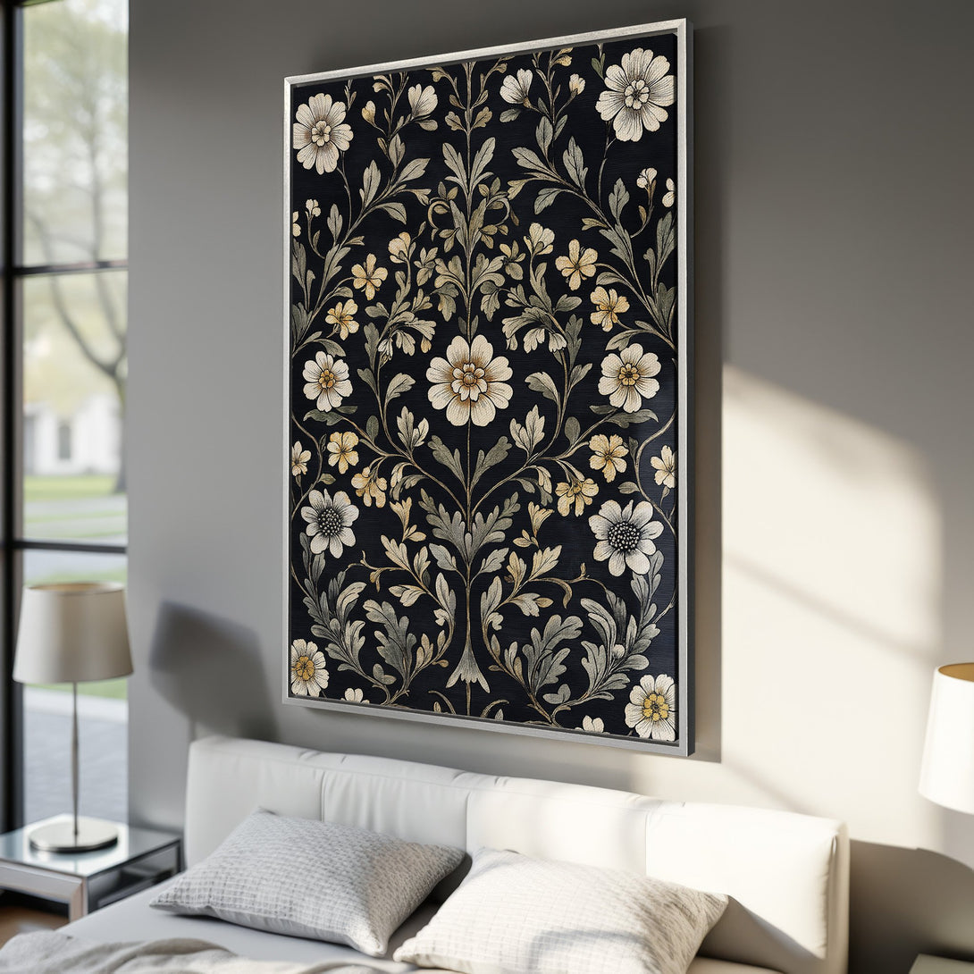 Framed Wall Art featuring a floral botanical design in a dark, moody color palette. Perfect for adding elegance to any bedroom or living space.