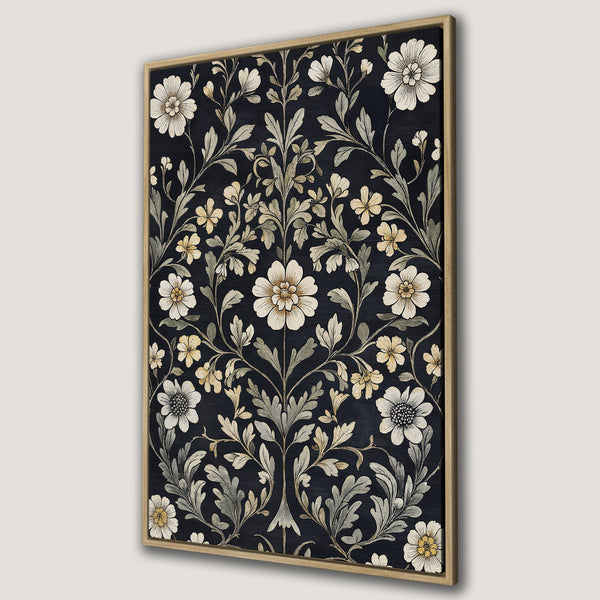 Framed Wall Art featuring a floral pattern in a vintage style. Dark blue background with cream, yellow, and green botanical elements. Perfect for adding elegance to any room.