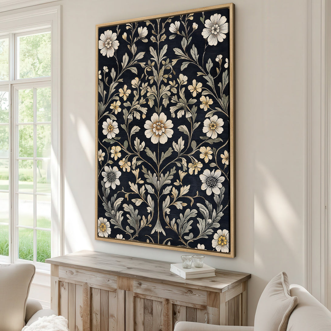 Framed Wall Art: Elegant floral Canvas Print in a dark navy and cream palette. Perfect for adding a touch of vintage charm to your home decor.