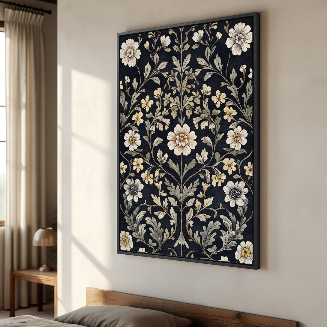 Framed Wall Art featuring a floral pattern in a classic style. The dark blue background contrasts with cream and yellow flowers, perfect for home decor.